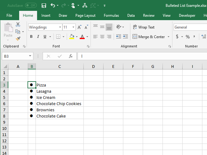 Create a bulleted list in Excel using the Wingdings font