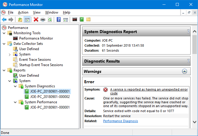 Windows 10 Performance Monitor diagnostic results