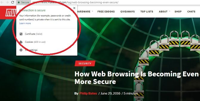 Secure connection notice in Google Chrome