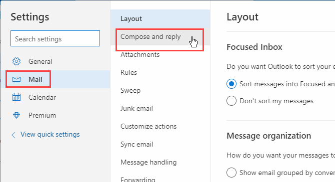 Click Mail the Compose and reply in Outlook in Office 365