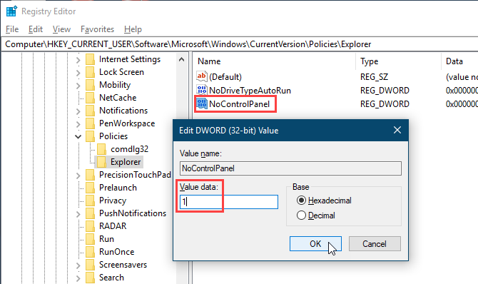 Set NoControlPanel value to 1 in the Windows 10 Registry Editor