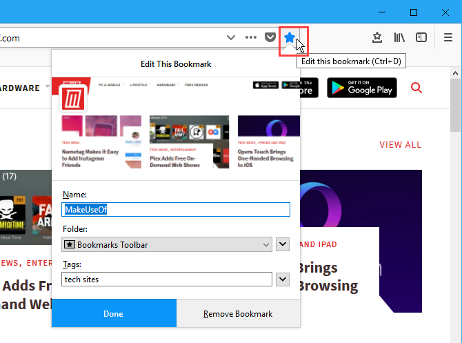 Click Edit this bookmark (blue star icon) in Firefox