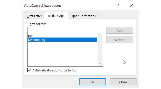 AutoCorrect Exceptions Windows
