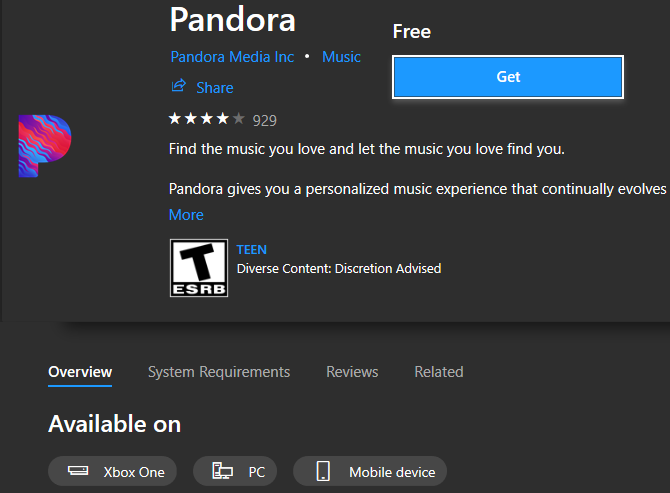 Microsoft Store Pandora App Page