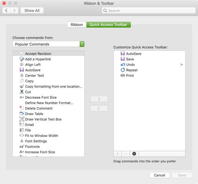 Quick Access Toolbar Settings Mac