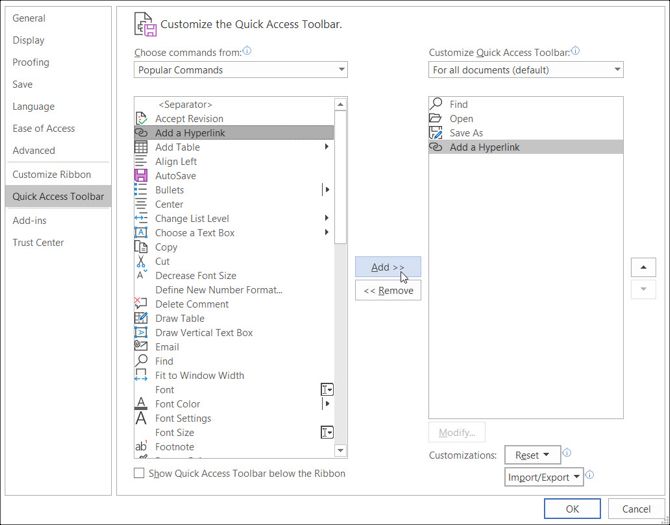 Quick Access Toolbar Settings Windows