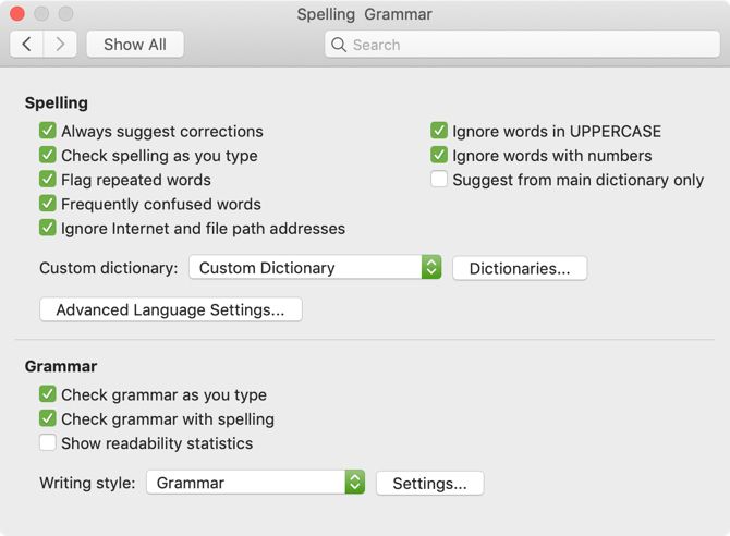 Spelling Grammar Settings Mac