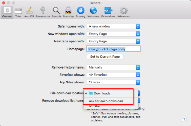 change the downloads folder location in safari
