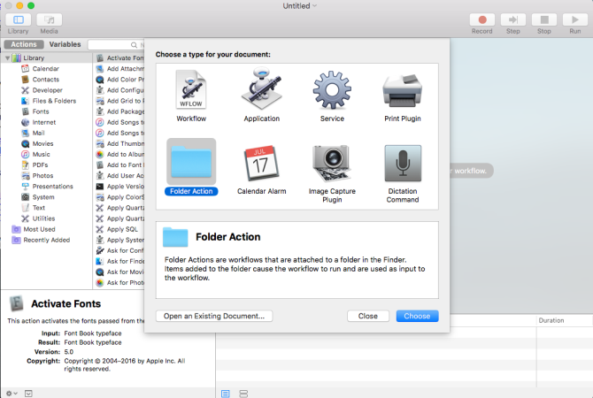 choose folder action in automator