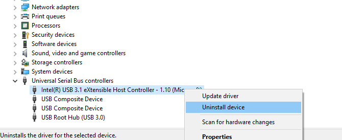 Uninstall the USB host controller