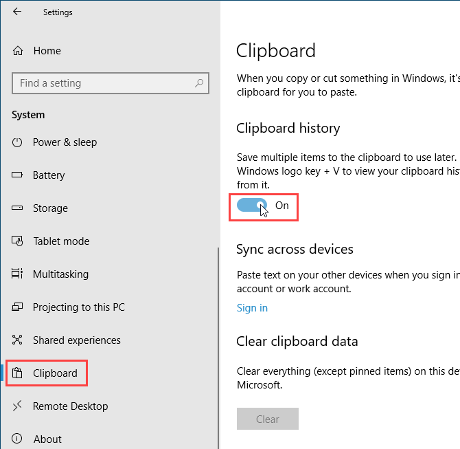 Enable Clipboard history using PC Settings in Windows 10
