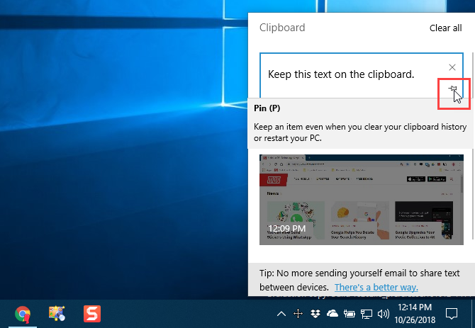 Pin an item to the clipboard in Windows 10