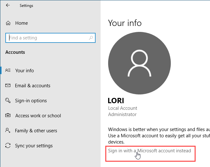 Sign in with a Microsoft account instead in Windows 10 Settings