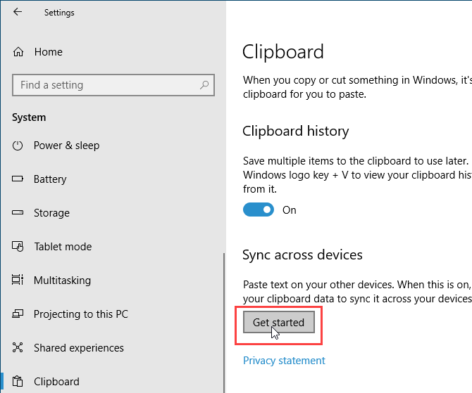 Click Get Started under Sync across devices for the Windows 10 clipboard