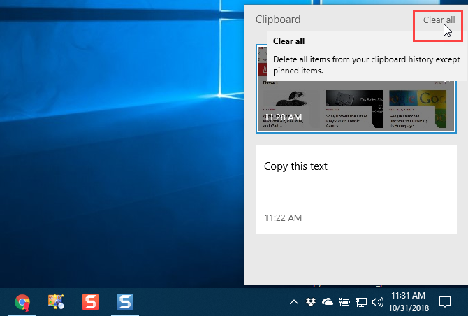 Clear all clipboard history on the clipboard in Windows 10