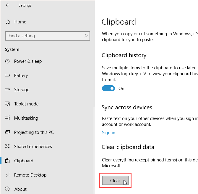 Clear the clipboard history using PC Settings in Windows 10
