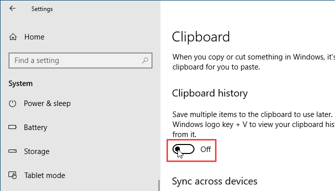Disable clipboard history in Windows 10 Settings