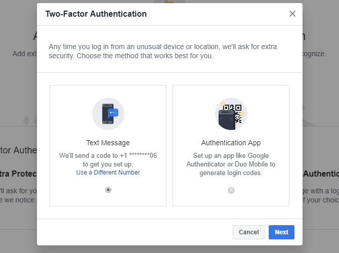 Choose the method you want to use for Facebook's two-factor authentication.