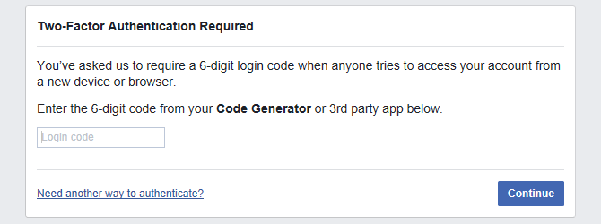 Facebook two-factor authentication login code required.