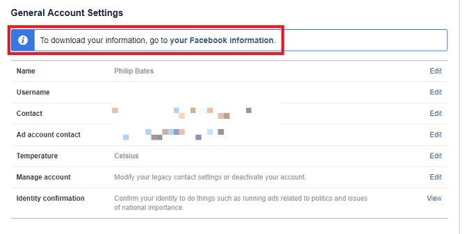 Facebook general account settings let you download all personal information