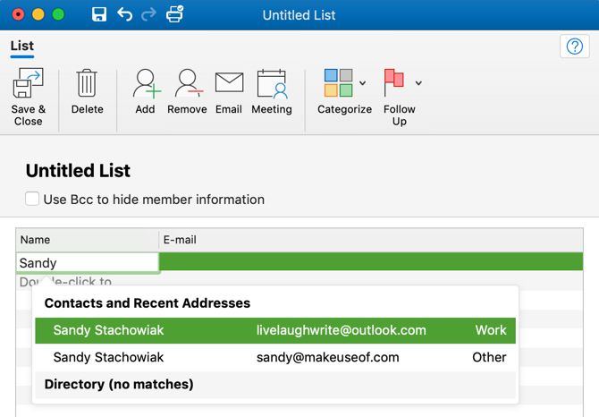 Предложения контактов для Outlook в списке контактов Mac