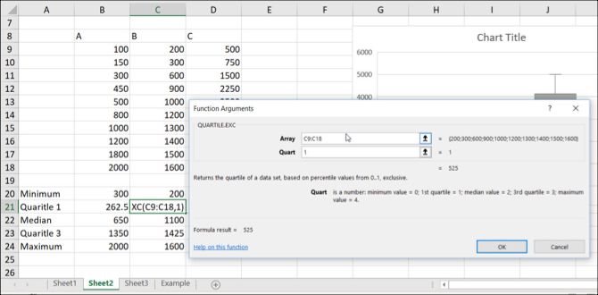 Квартальная функция Excel Box и Whisker Plot