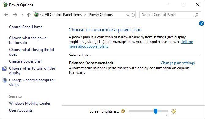 Control Panel Power Options