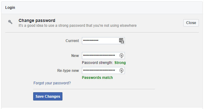 Facebook Change Password Screen