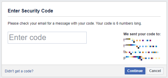 Enter the Facebook security code you received in an email.