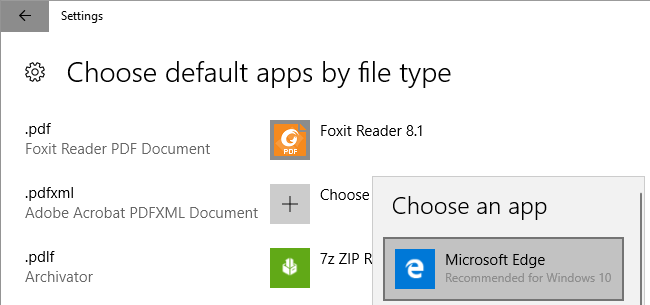 Windows 10 choose default app by file type