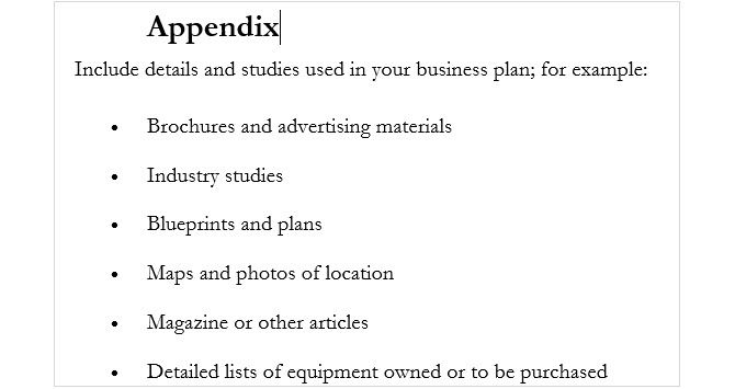 the appendix to a business plan would likely include