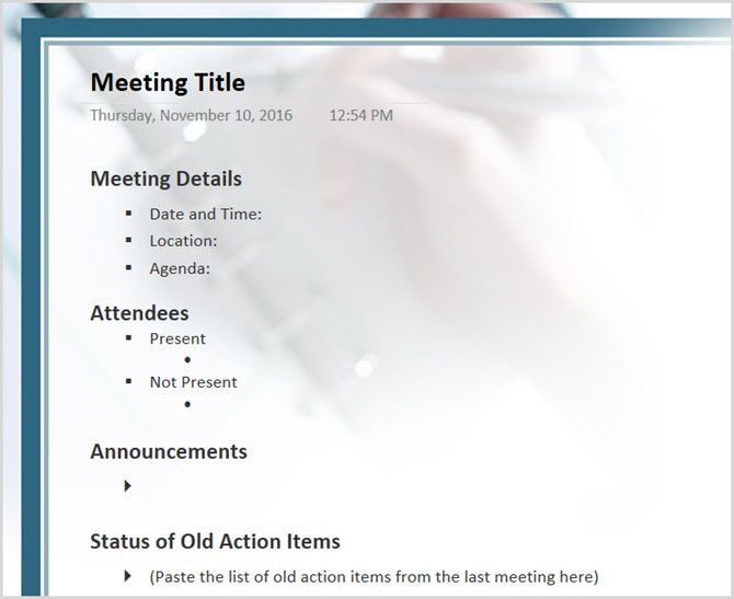 Detailed Meeting Minutes OneNote 2016