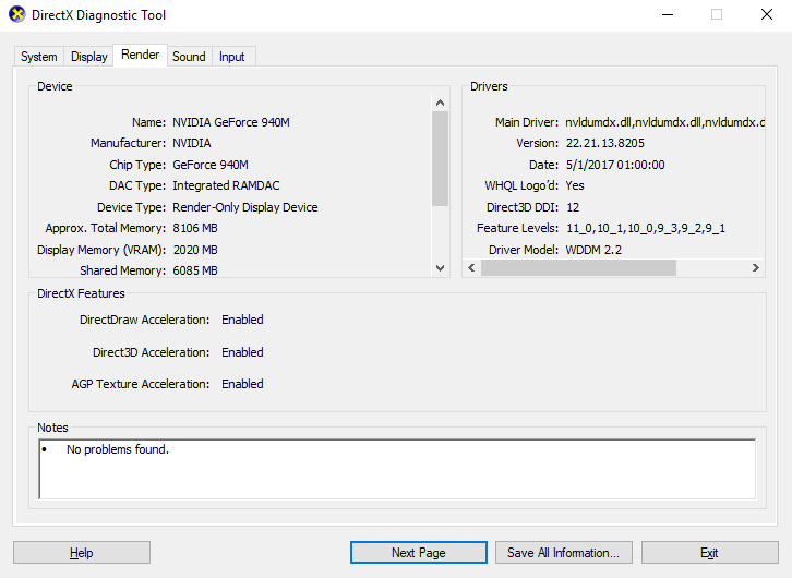 DirectX Diagnostic Tool in Windows 10