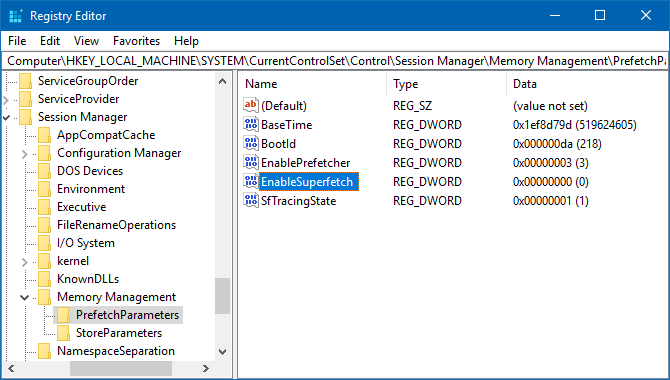 Windows Registry Editor EnableSuperfetch