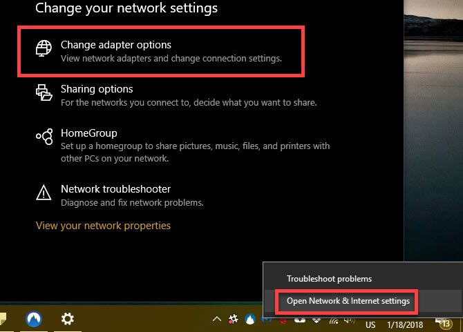 Windows 10 change network adapter options