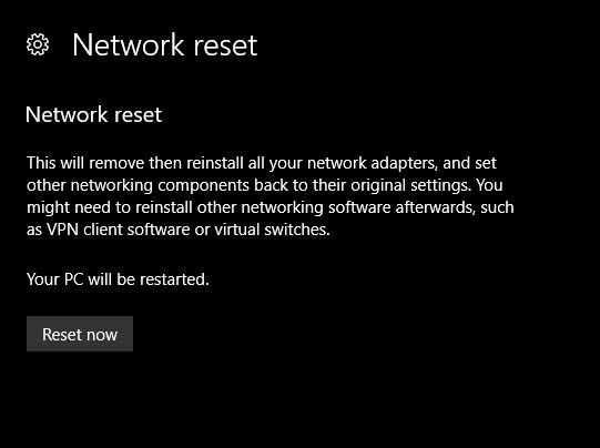 Network reset Windows 10