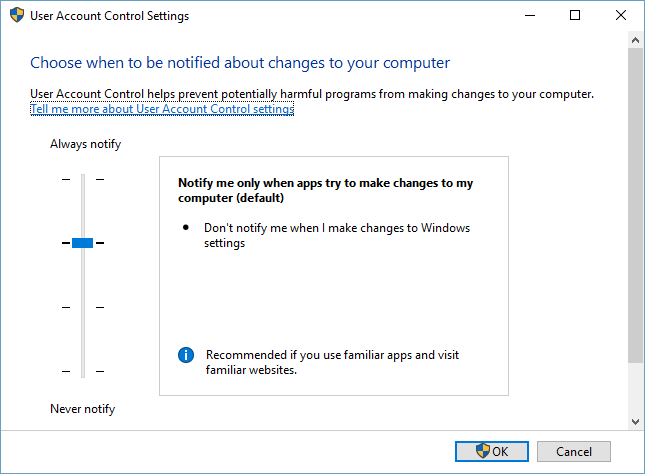 Настройки контроля учетных записей Windows 10