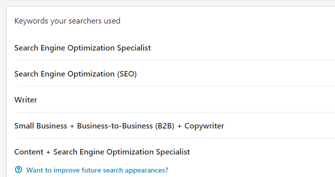 LinkedIn's keywords your searchers used view