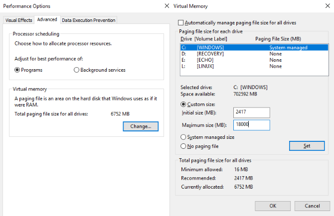Tweak virtual memory settings to stop Windows 10 100% disk usage