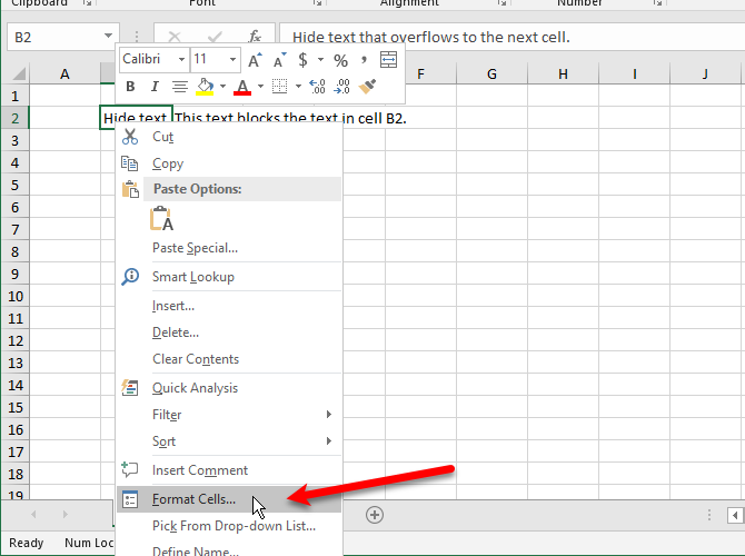 Select Format Cells to hide overflow text in Excel