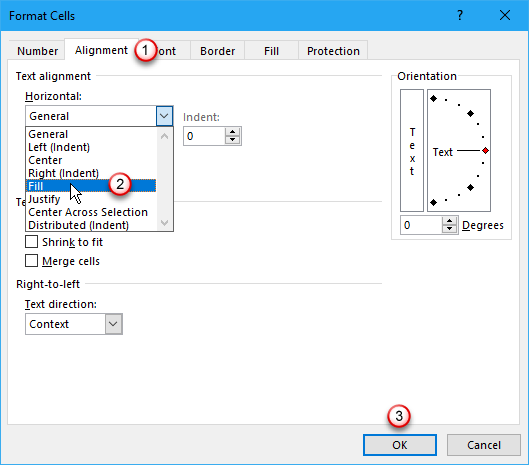 Select Fill under Horizontal on Format Cells dialog box in Excel