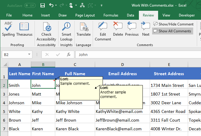 All comments showing and overlapping in Excel