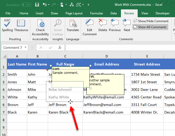 Move a comment in Excel