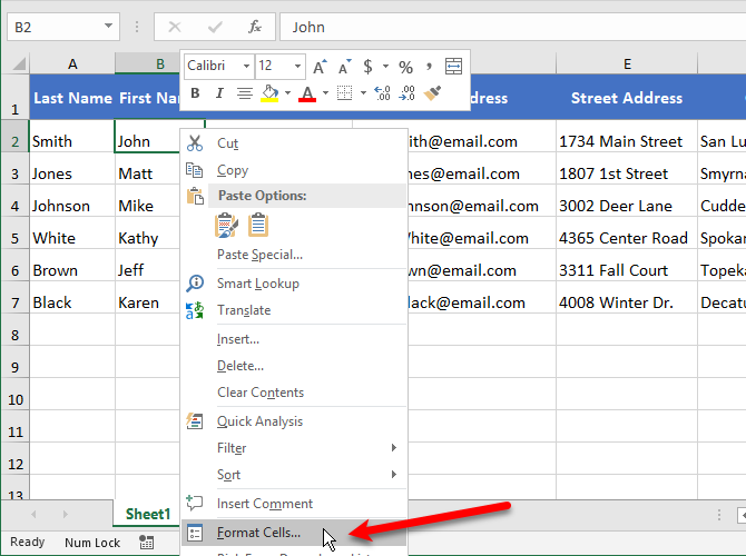 Select Format Cells to hide a cell in Excel