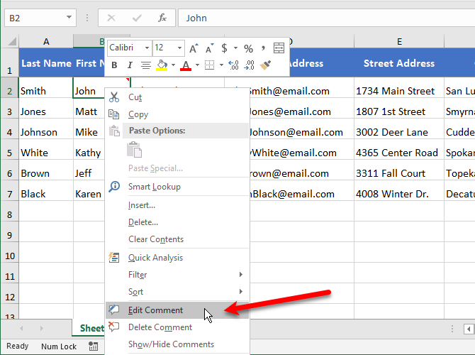 Select Edit Comment in Excel
