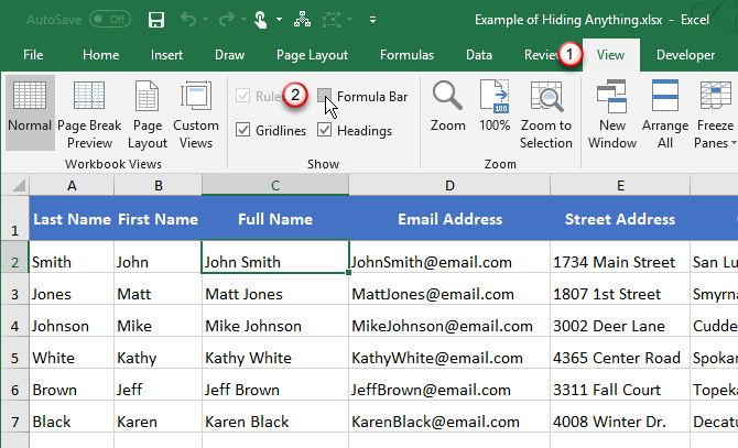 Hide the Formula Bar using the View tab in Excel