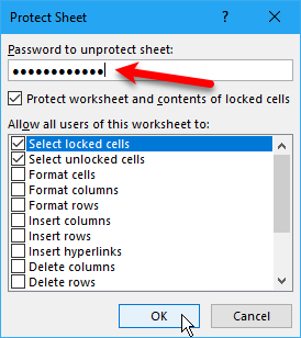 Protect Sheet dialog box in Excel