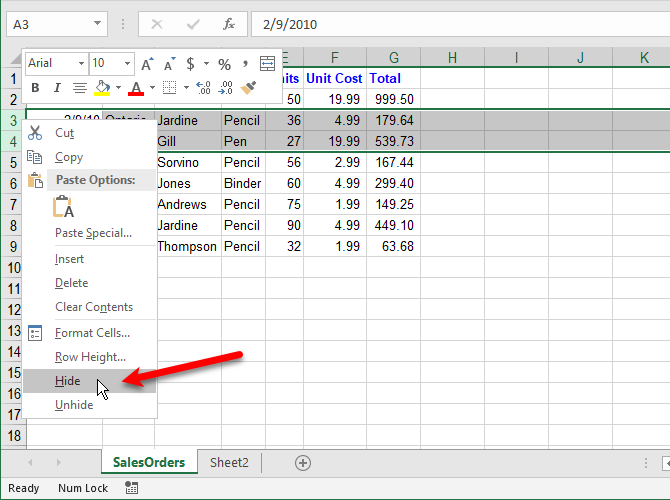 Hide rows in Excel