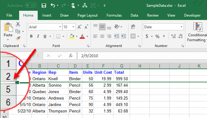 Rows hidden in Excel