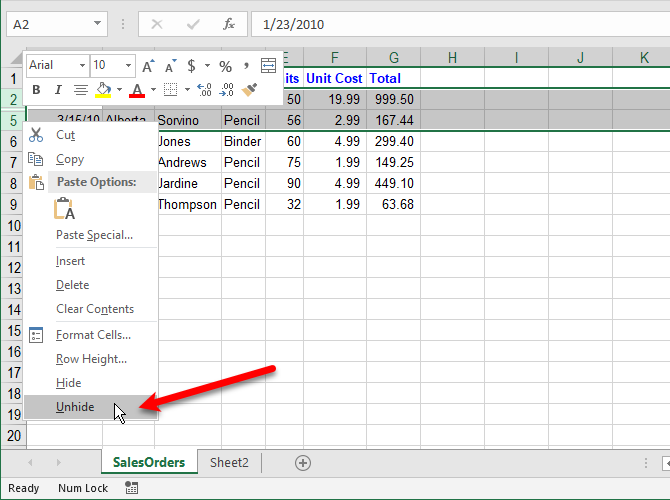 Unhide rows in Excel